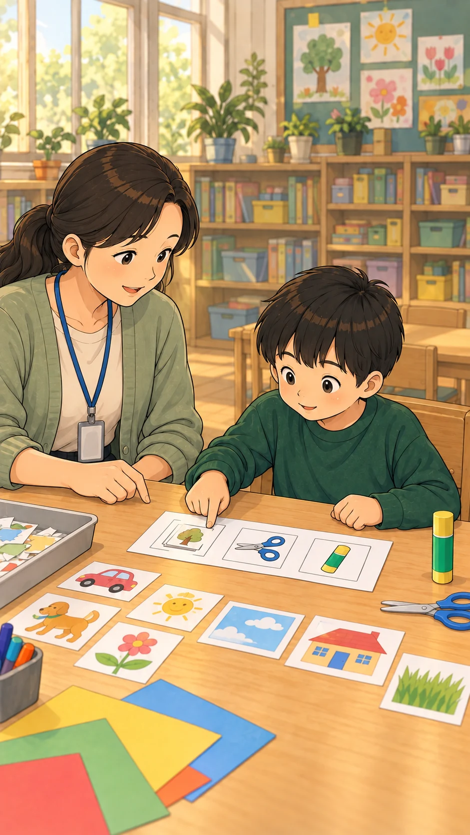 아이와 교사가 그림 선택·자르기·붙이기 시각 단서를 봅니다