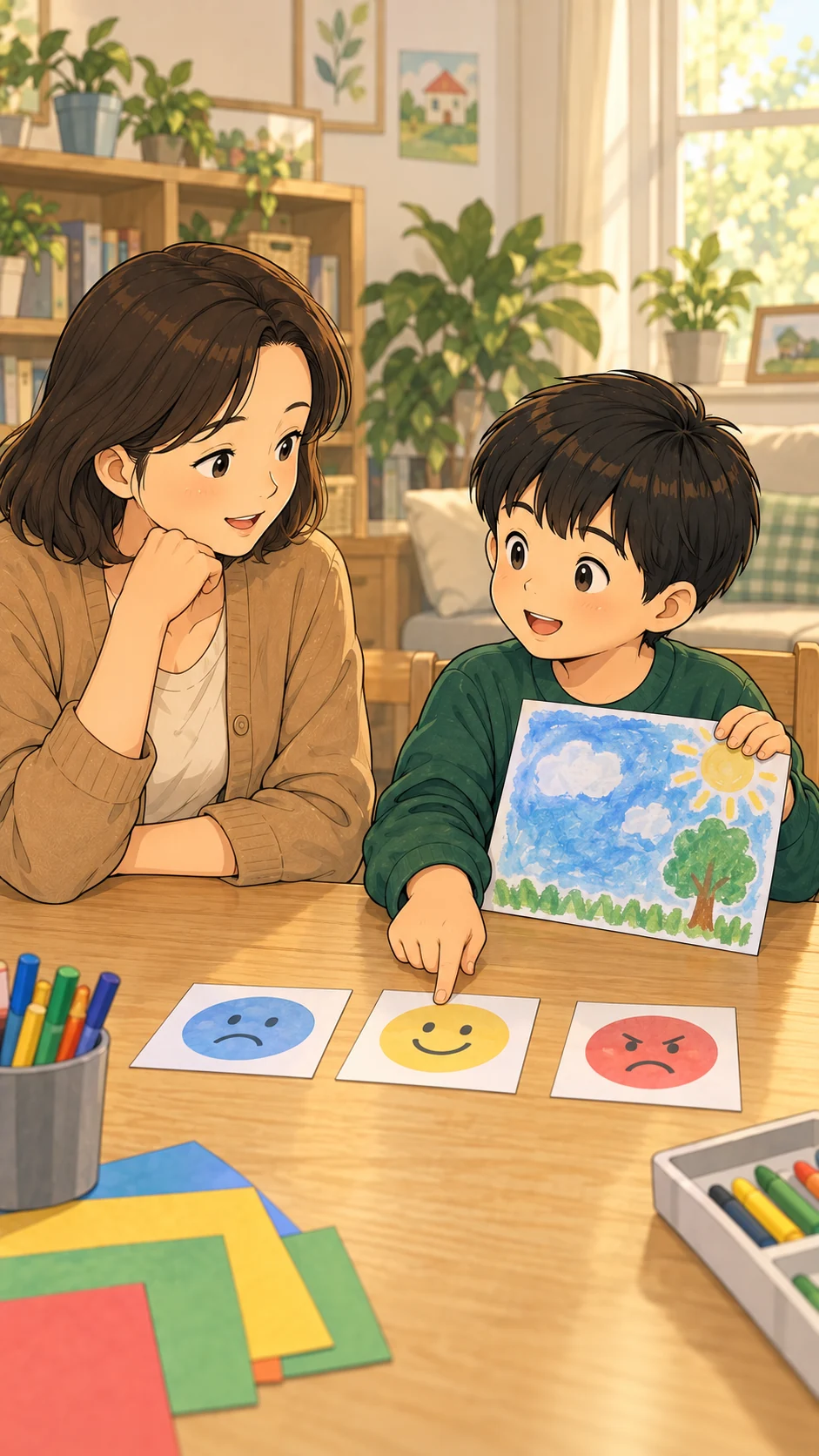 아이가 파란색 그림과 감정 카드를 살펴봅니다