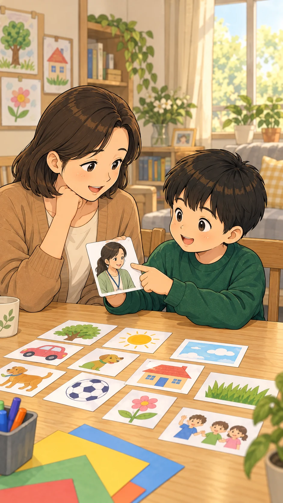 아이와 보호자가 교사 그림을 보며 대화합니다