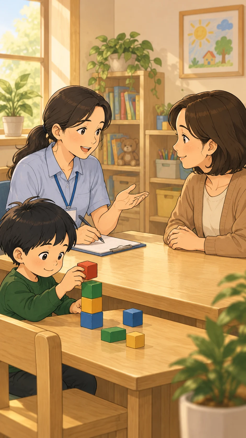 치료사와 보호자가 아이의 과제 수행을 살펴봅니다