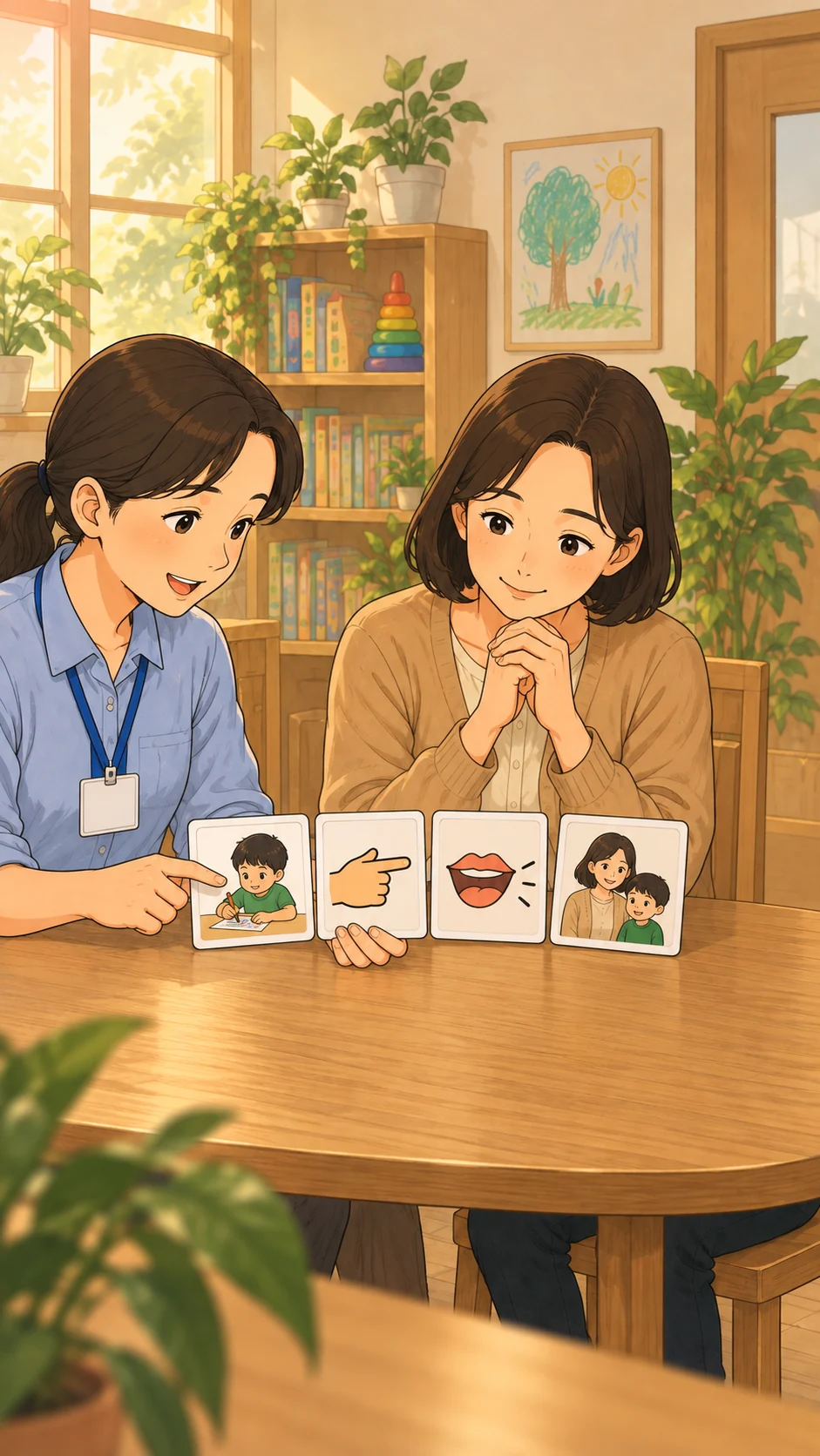 보호자와 치료사가 도움 정도를 나타낸 네 그림을 봅니다
