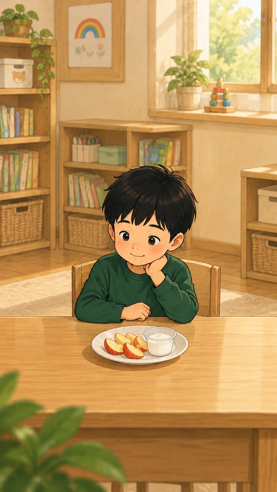 아이가 사과와 요거트가 함께 놓인 접시를 바라봅니다