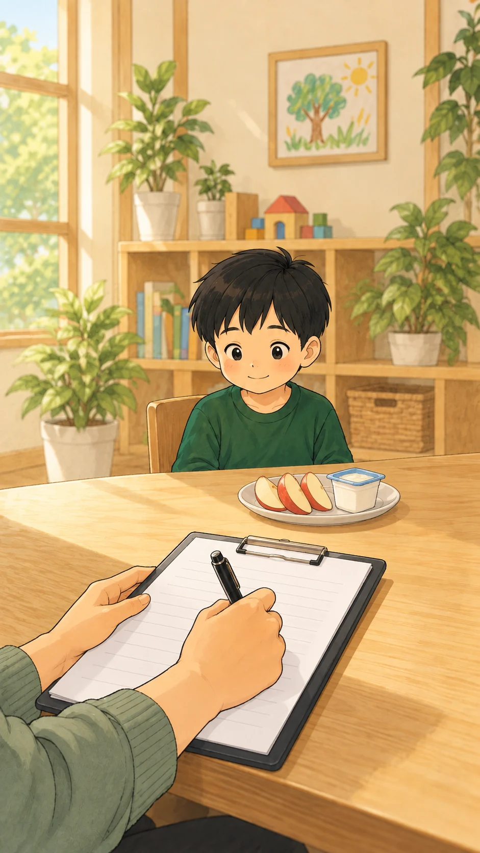 담당자의 손이 아이의 간식 상황을 기록합니다