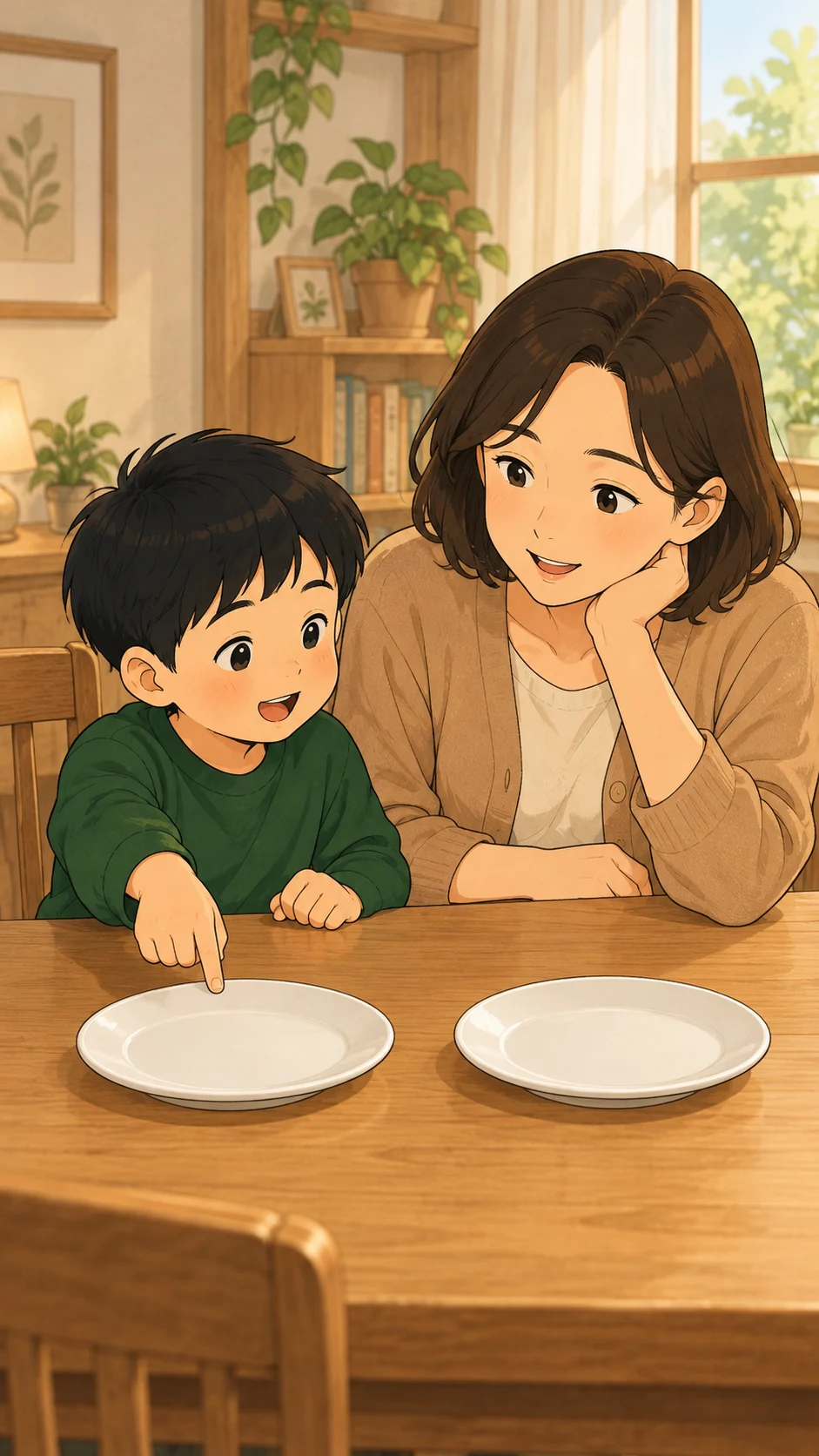 보호자가 아이와 간식 제공 방식에 대해 대화합니다
