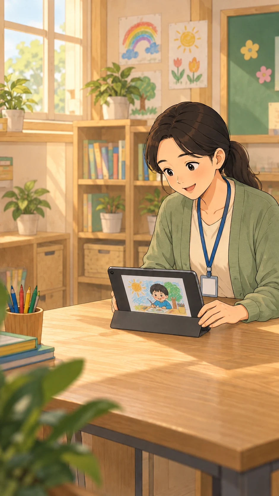 교사가 전송 전에 활동 사진이 있는 태블릿을 살펴봅니다