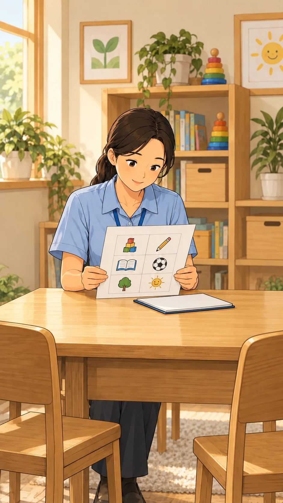 치료사가 전달받은 활동 메모를 읽습니다