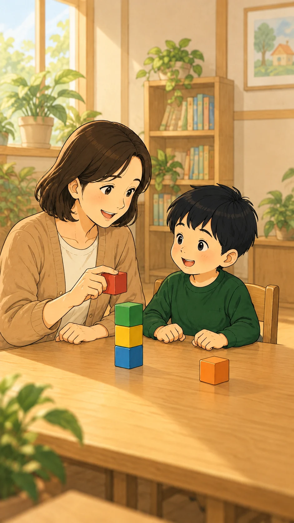 아이가 세 블록을 쌓은 뒤 보호자에게 의사를 표현합니다