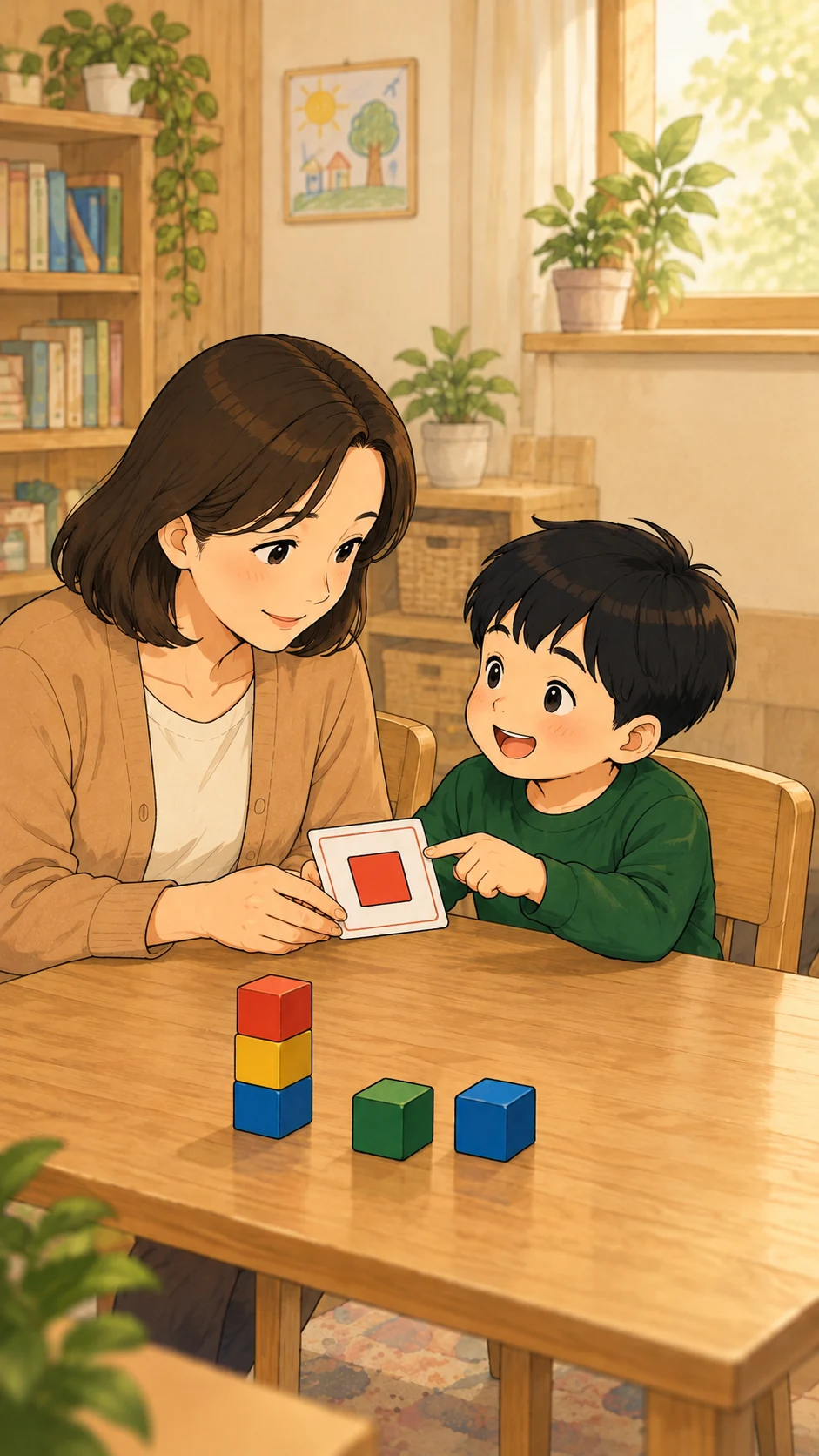 아이가 종료 카드를 가리키고 보호자가 존중합니다